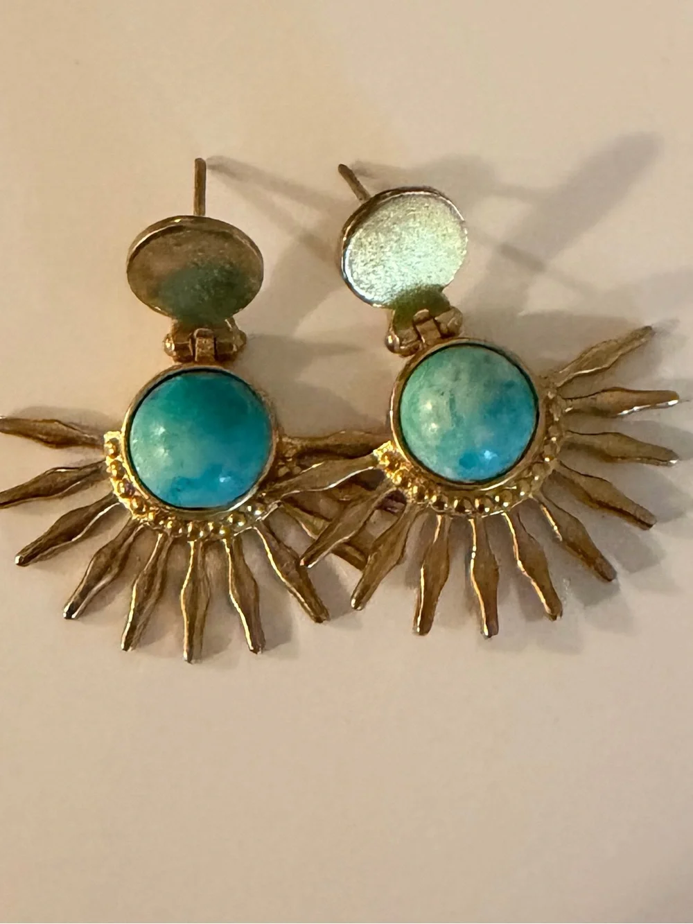 Turkish Gold Played Sunburst Drop Earrings with Turquoise-Colored Natural Stone - Picture 5 of 5